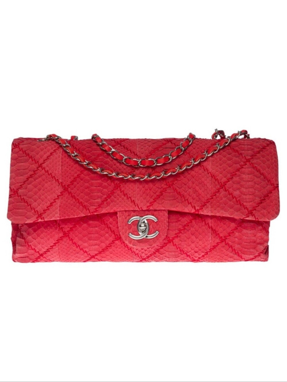 CHANEL XL Red Quilted Python Classic Double Flap Shoulder Bag